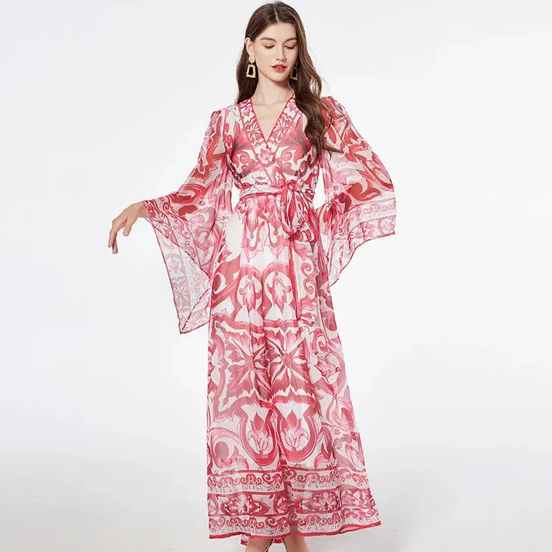JAMERARY fashion runway blue white porcelain floral maxi dress for women summer autumn long sleeve flower printing dresses lady