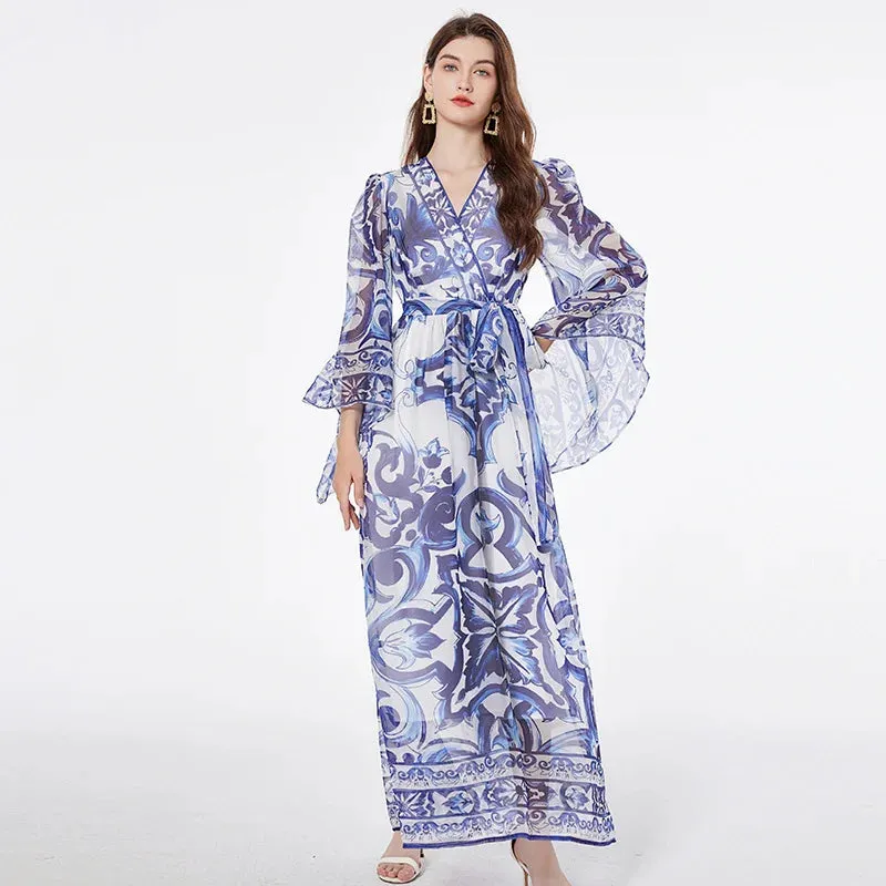 JAMERARY fashion runway blue white porcelain floral maxi dress for women summer autumn long sleeve flower printing dresses lady