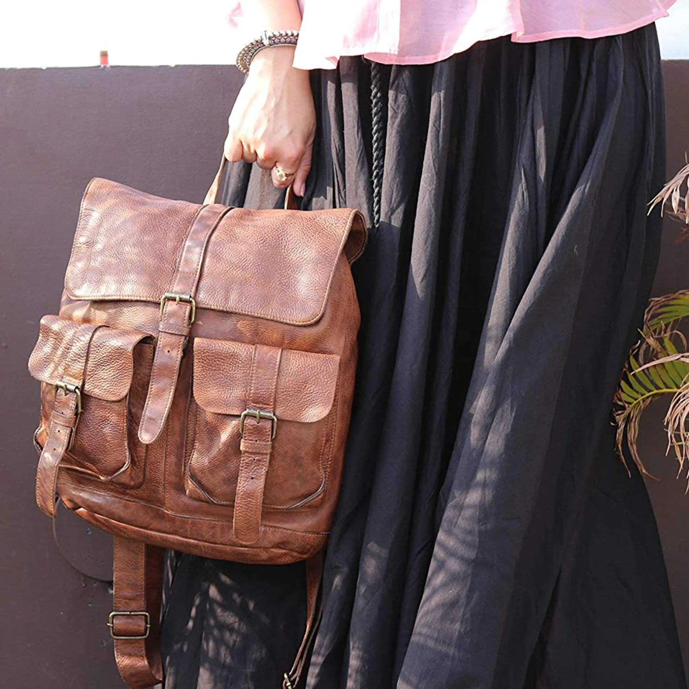 KomalC Leather Backpack Rucksack Travel Laptop Camping School College Bag for Men Women (Light Tan)