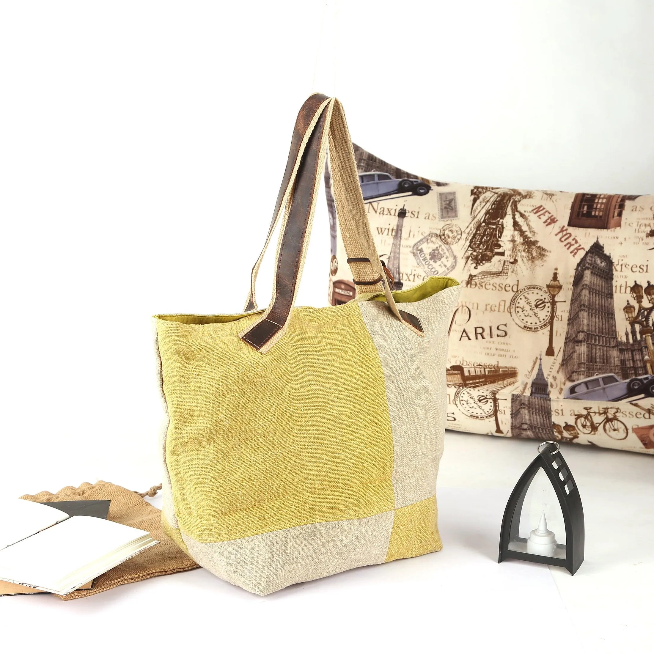 KomalC Tote Bag for Women, Stylish Two-Tone jute & leather bag, Ideal for Daily Use, Eco-Friendly Material, Perfect for Shopping, Work, and Casual Outings (Sunflower)