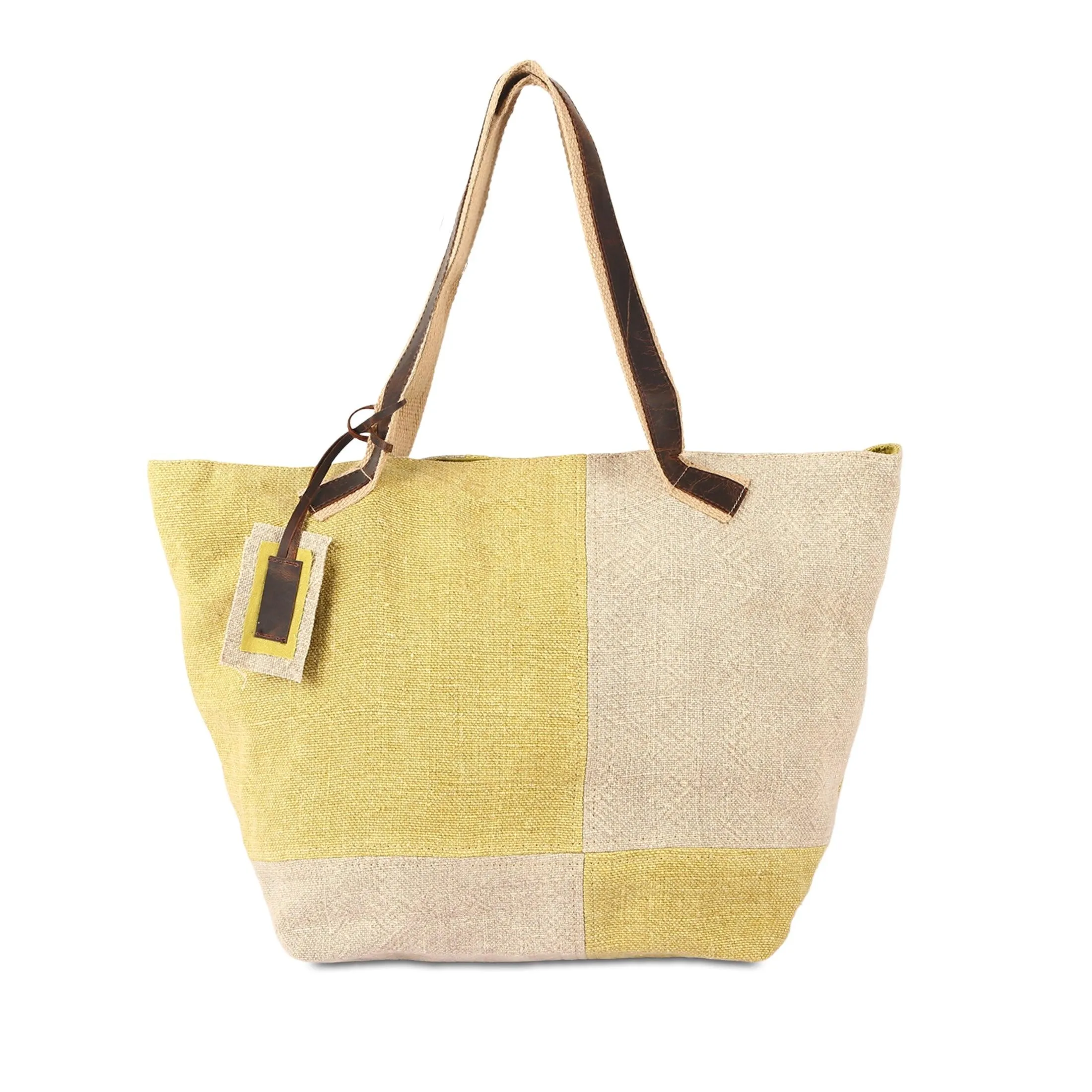 KomalC Tote Bag for Women, Stylish Two-Tone jute & leather bag, Ideal for Daily Use, Eco-Friendly Material, Perfect for Shopping, Work, and Casual Outings (Sunflower)