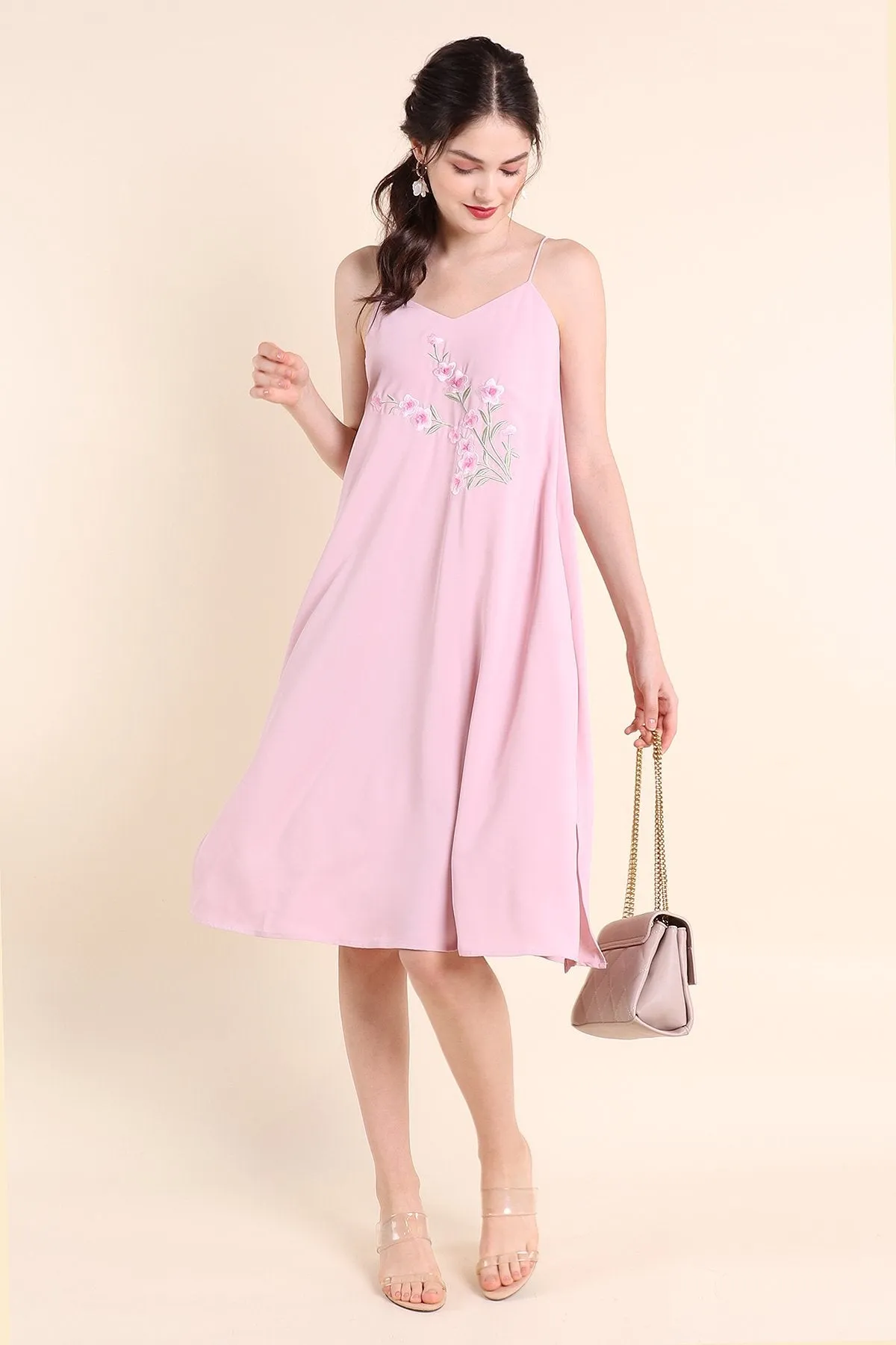 MADEBYNM BLISS FLORAL EMBROIDERY MIDI TRAPEZE DRESS IN PINK [XS/S/M/L] 