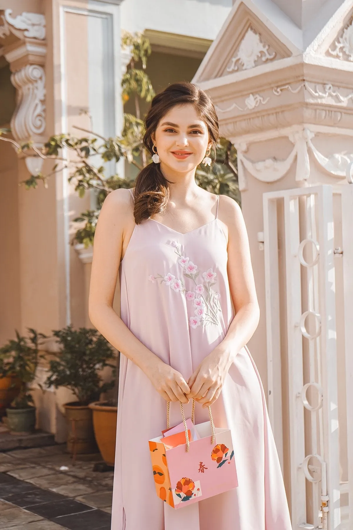 MADEBYNM BLISS FLORAL EMBROIDERY MIDI TRAPEZE DRESS IN PINK [XS/S/M/L] 