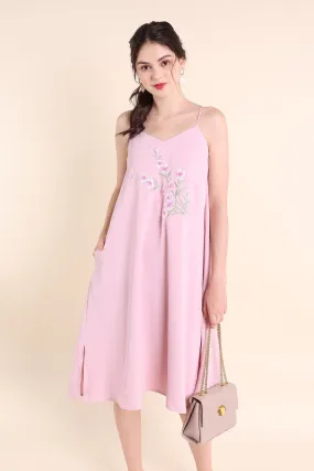 MADEBYNM BLISS FLORAL EMBROIDERY MIDI TRAPEZE DRESS IN PINK [XS/S/M/L] 