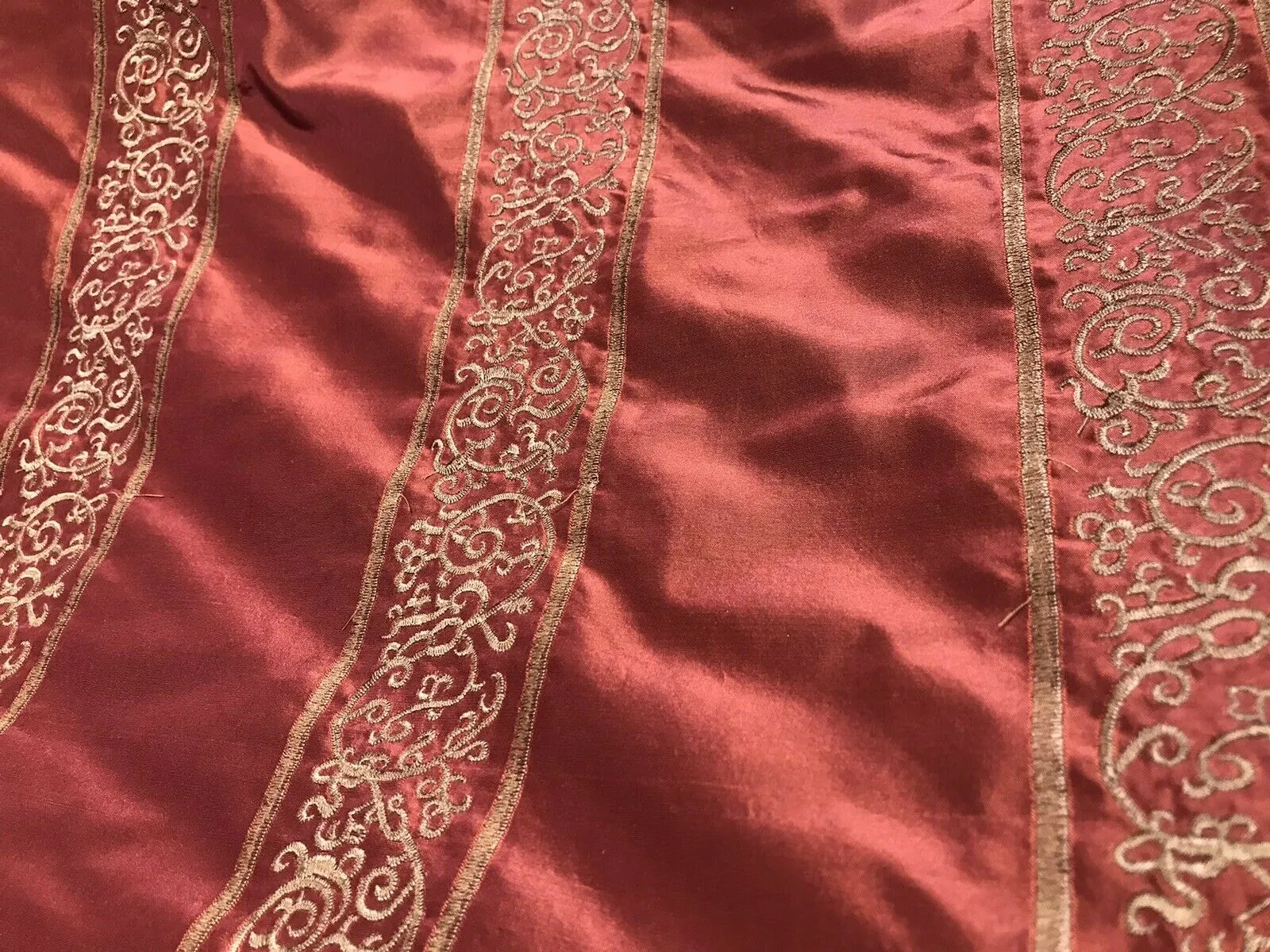 NEW Countess Doris 100% Silk Taffeta Dupioni Fabric Embroidery Floral Red & Gold Stripes