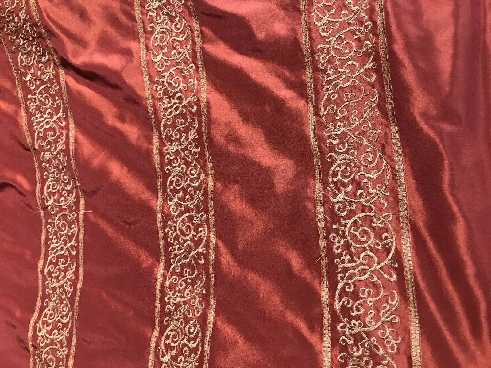 NEW Countess Doris 100% Silk Taffeta Dupioni Fabric Embroidery Floral Red & Gold Stripes