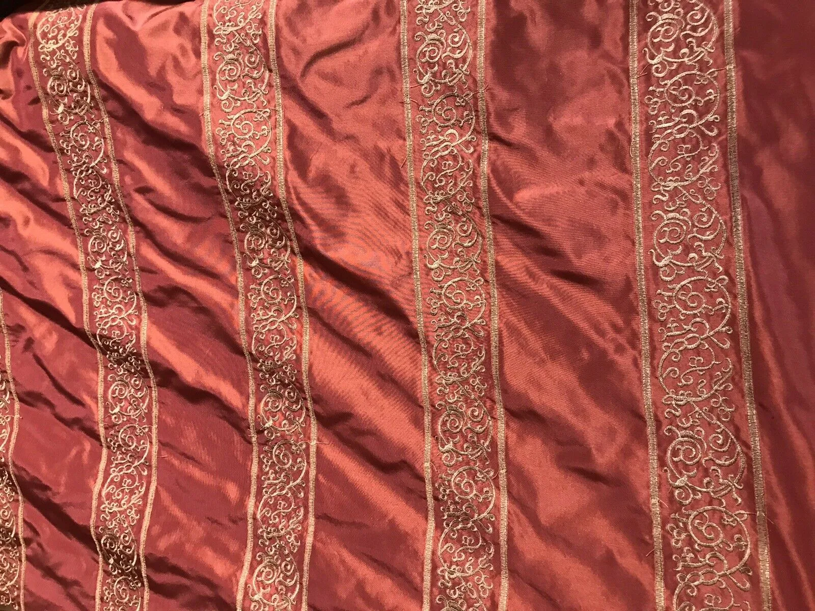 NEW Countess Doris 100% Silk Taffeta Dupioni Fabric Embroidery Floral Red & Gold Stripes
