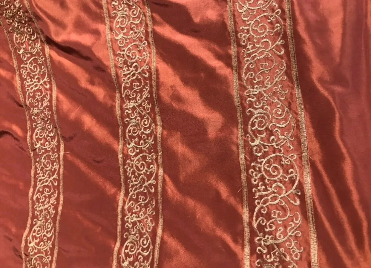 NEW Countess Doris 100% Silk Taffeta Dupioni Fabric Embroidery Floral Red & Gold Stripes