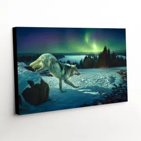 "The Silent Dance" - Wolf Painting with Northern Lights Canvas Print
