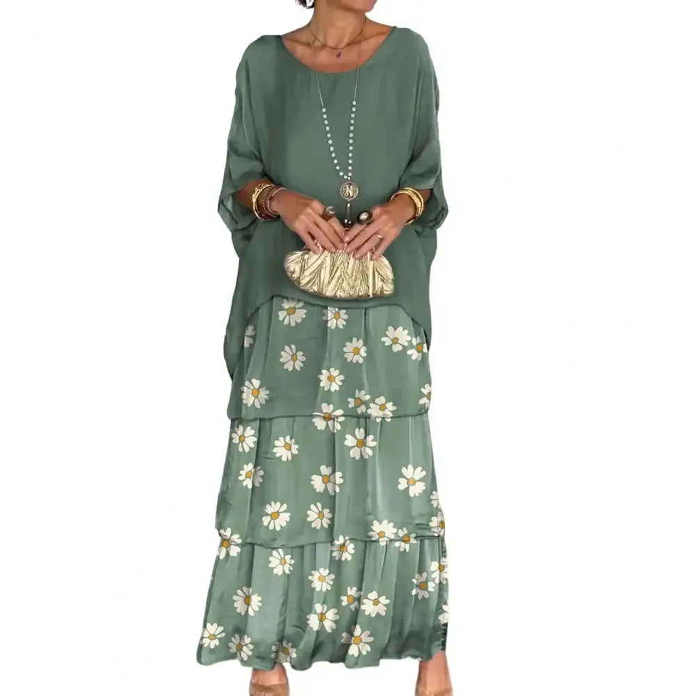 Summer Spring Women Dress Three Quarter Dolman Sleeve Fake Two-piece Dress Multi-layer Hem Printed Chiffon Mesh Party Maxi Dress