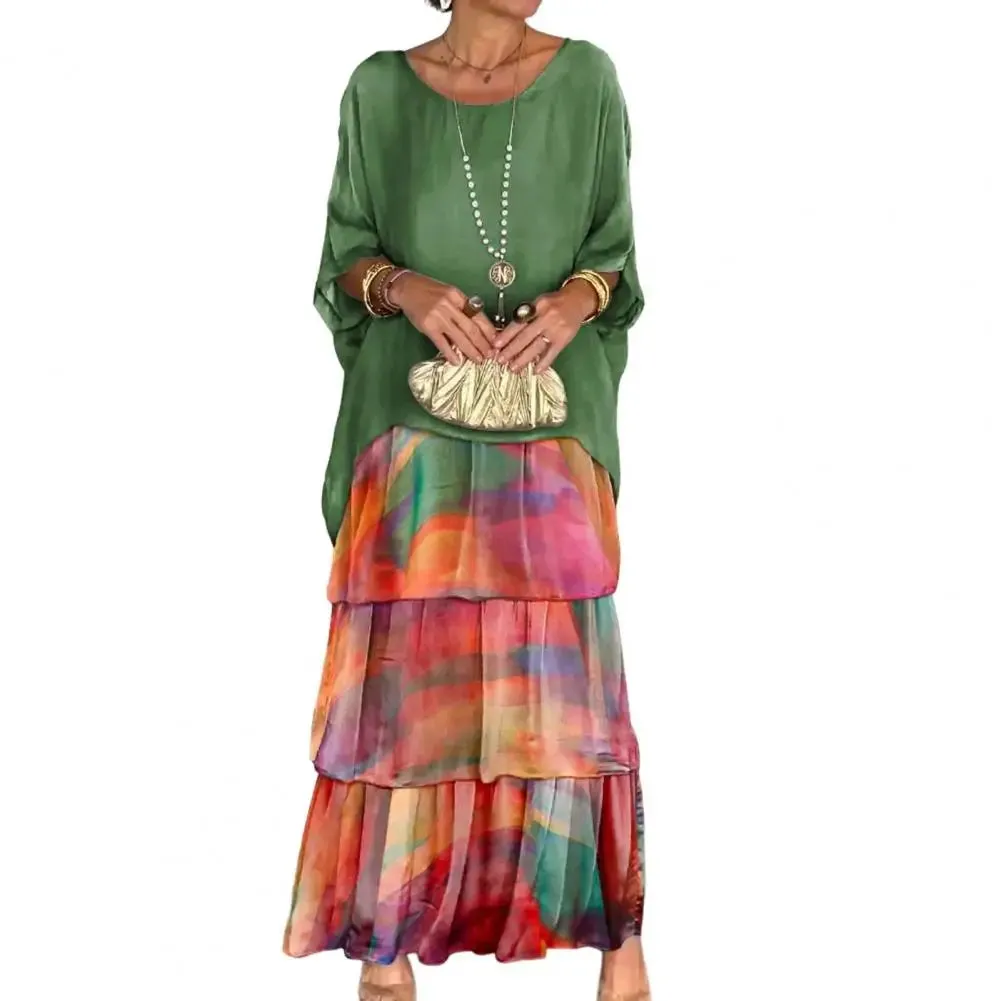 Summer Spring Women Dress Three Quarter Dolman Sleeve Fake Two-piece Dress Multi-layer Hem Printed Chiffon Mesh Party Maxi Dress
