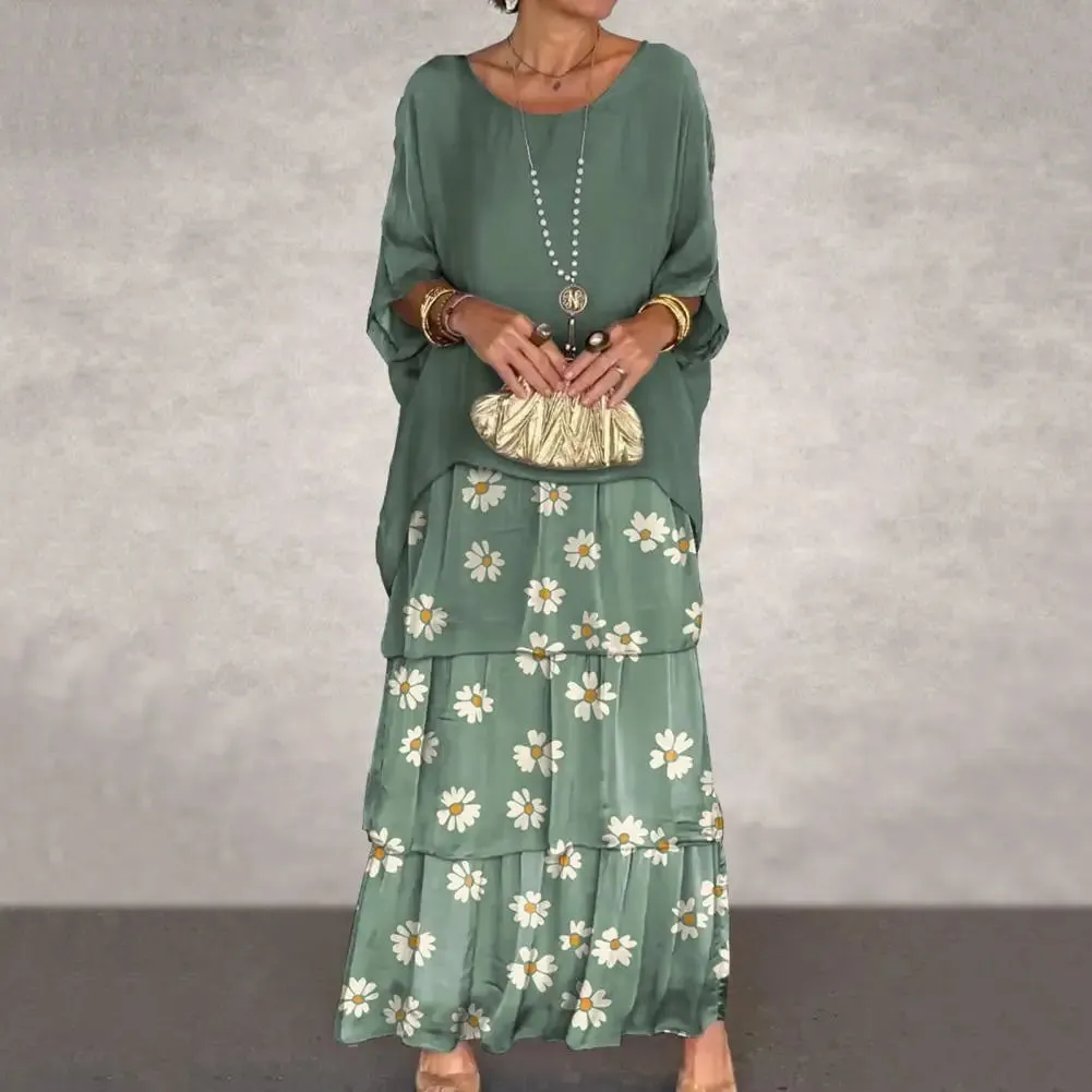 Summer Spring Women Dress Three Quarter Dolman Sleeve Fake Two-piece Dress Multi-layer Hem Printed Chiffon Mesh Party Maxi Dress