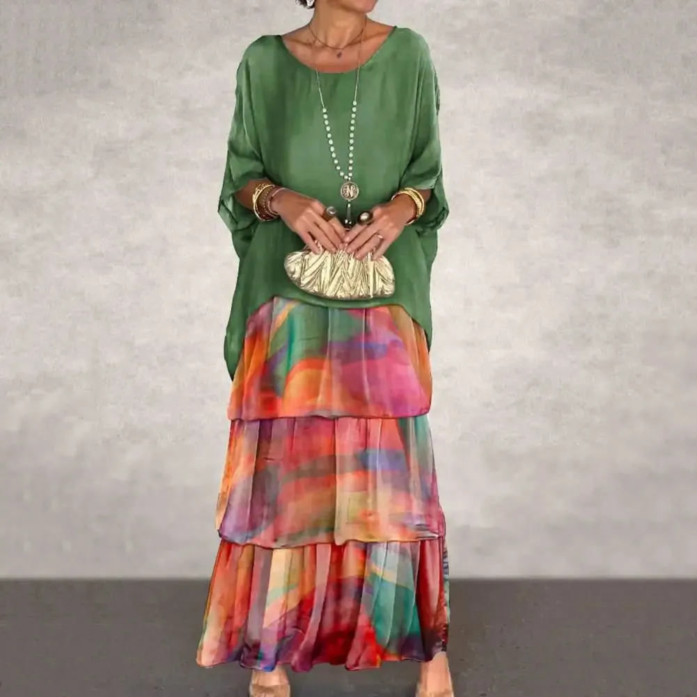 Summer Spring Women Dress Three Quarter Dolman Sleeve Fake Two-piece Dress Multi-layer Hem Printed Chiffon Mesh Party Maxi Dress