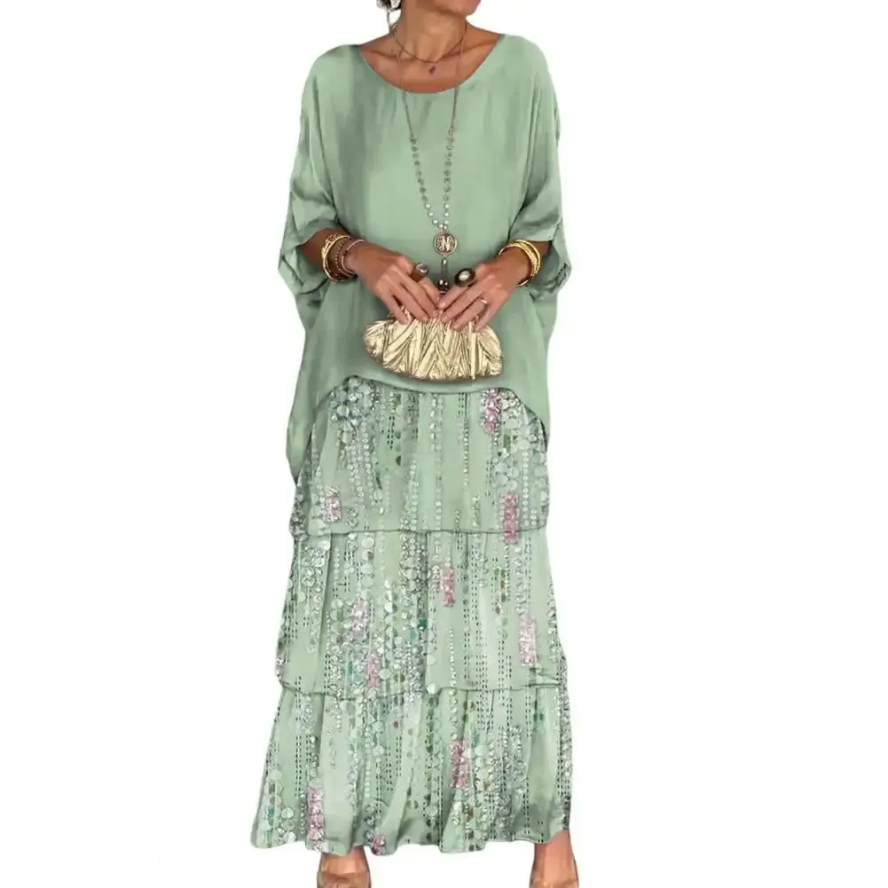 Summer Spring Women Dress Three Quarter Dolman Sleeve Fake Two-piece Dress Multi-layer Hem Printed Chiffon Mesh Party Maxi Dress