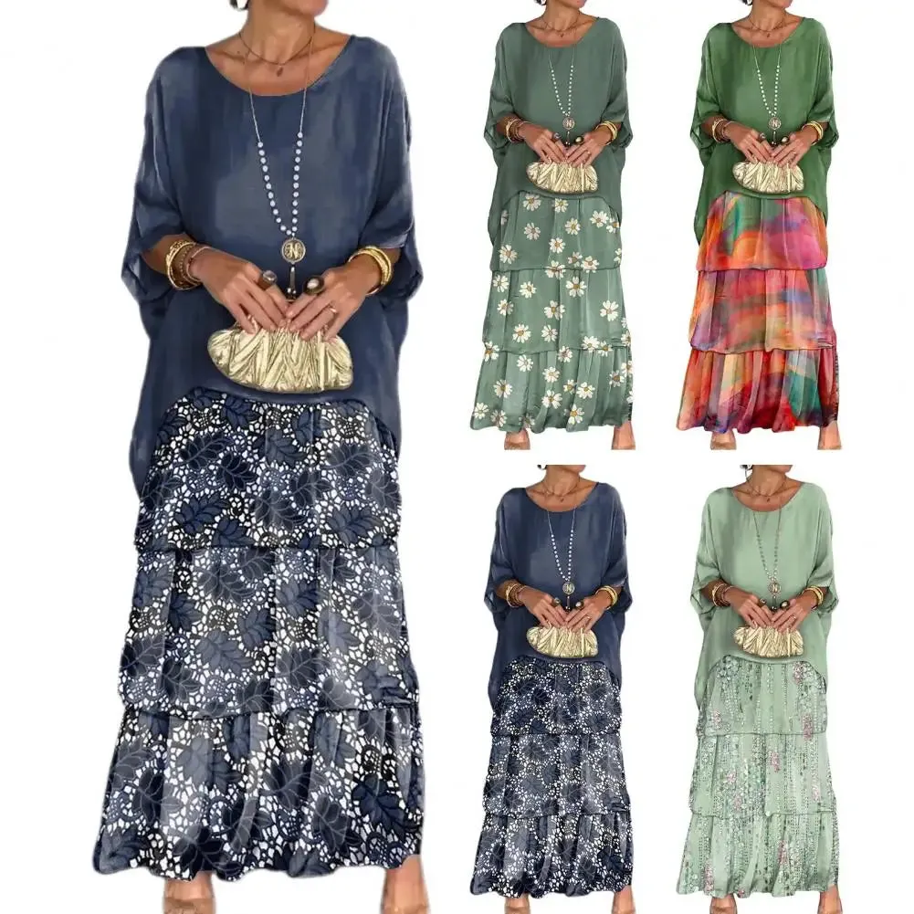 Summer Spring Women Dress Three Quarter Dolman Sleeve Fake Two-piece Dress Multi-layer Hem Printed Chiffon Mesh Party Maxi Dress