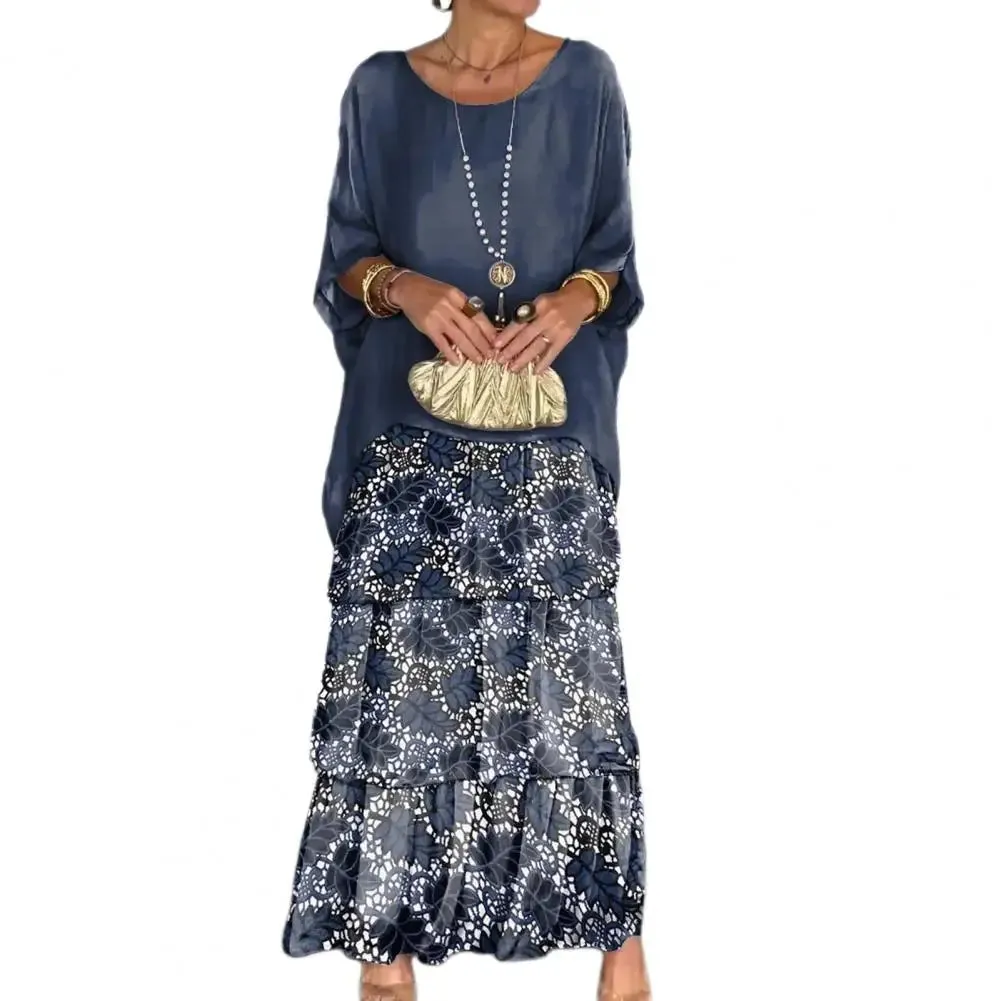 Summer Spring Women Dress Three Quarter Dolman Sleeve Fake Two-piece Dress Multi-layer Hem Printed Chiffon Mesh Party Maxi Dress
