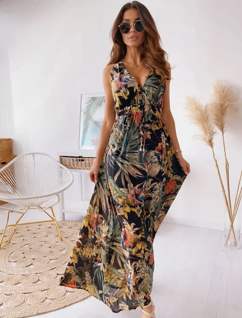 Summer Women's Elegant Dress Open Back Sexy Printed Split Lace A-line Beach Dress Unique Flower Fashion Vintage Holiday Long Dress