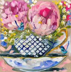 Tea time with blue wrens 4- art print