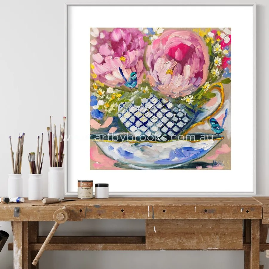 Tea time with blue wrens 4- art print