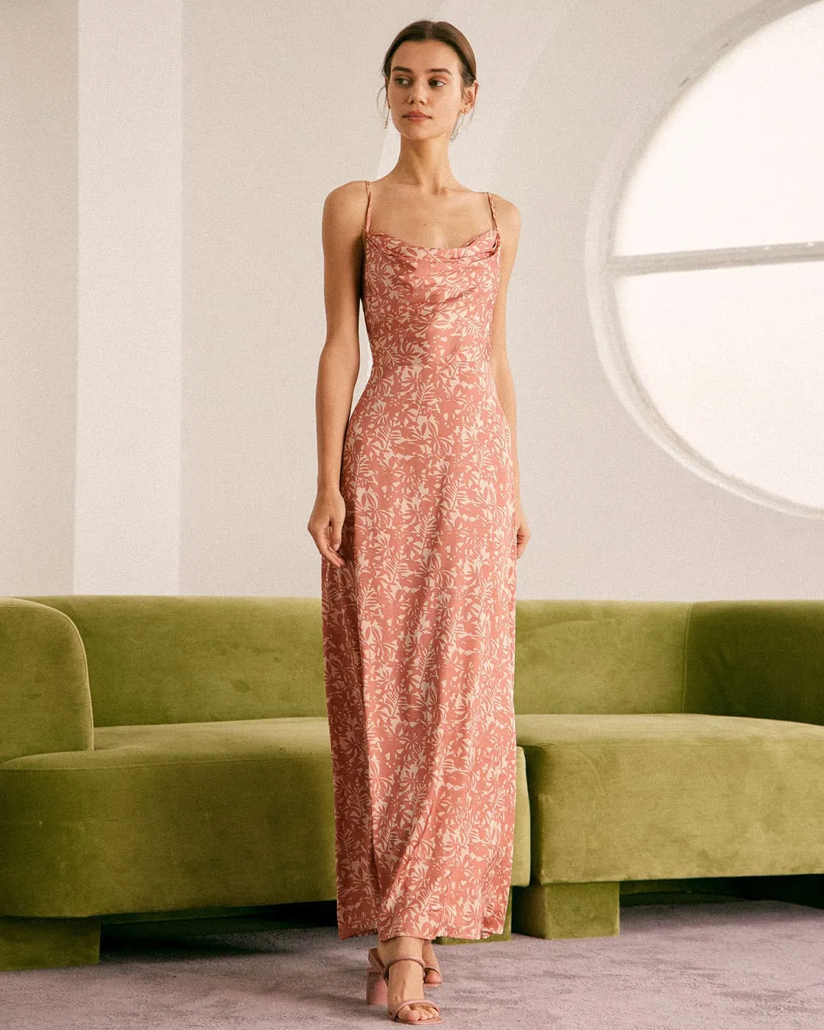 The Light Orange Cowl Neck Floral Maxi Dress