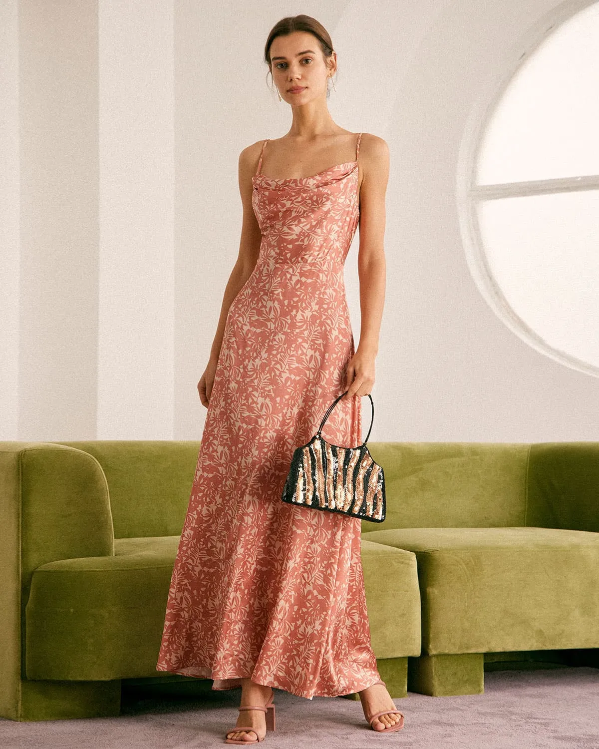 The Light Orange Cowl Neck Floral Maxi Dress
