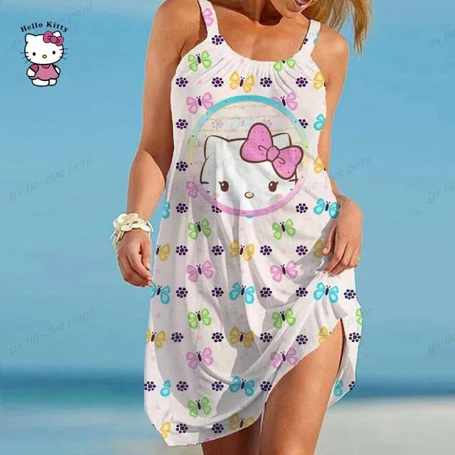 Women Slip Dress Summer O Neck Sleeveless Hello Kitty Printing Loose Party Vestidos S-5XL Oversized Elegant Women Dress Vestidos