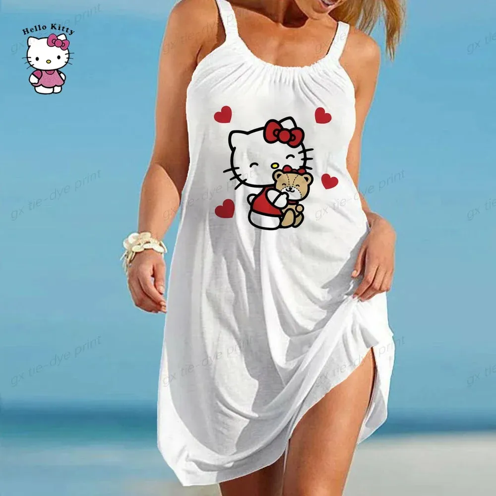 Women Slip Dress Summer O Neck Sleeveless Hello Kitty Printing Loose Party Vestidos S-5XL Oversized Elegant Women Dress Vestidos