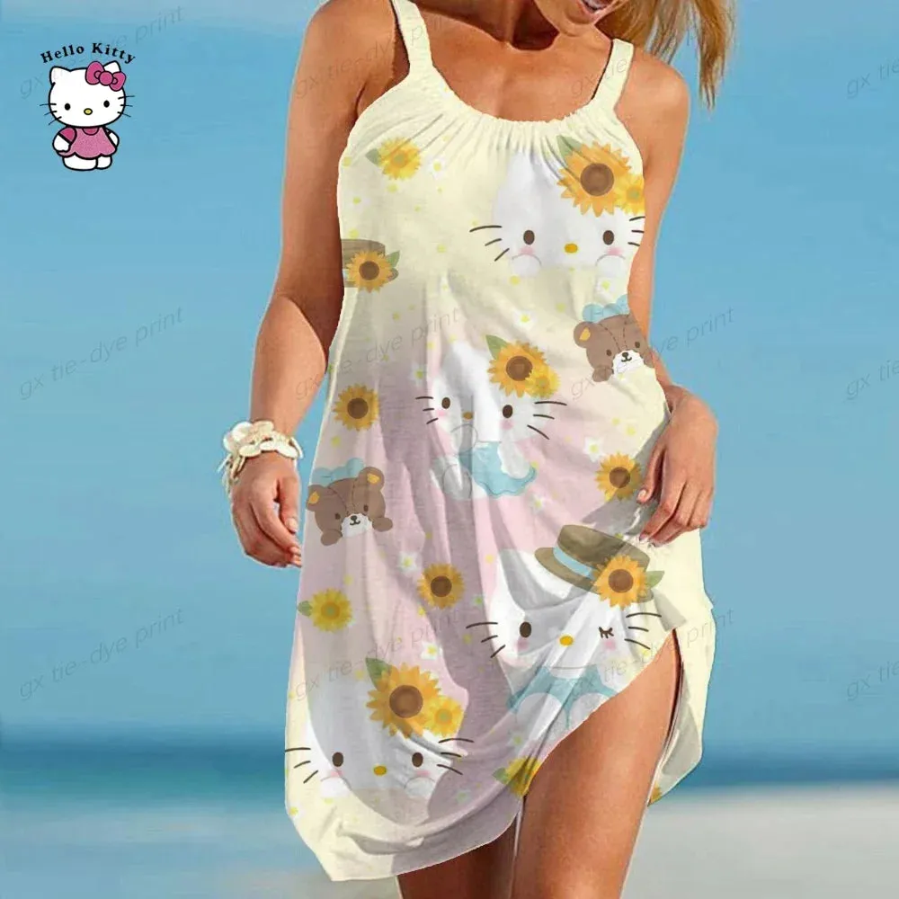 Women Slip Dress Summer O Neck Sleeveless Hello Kitty Printing Loose Party Vestidos S-5XL Oversized Elegant Women Dress Vestidos
