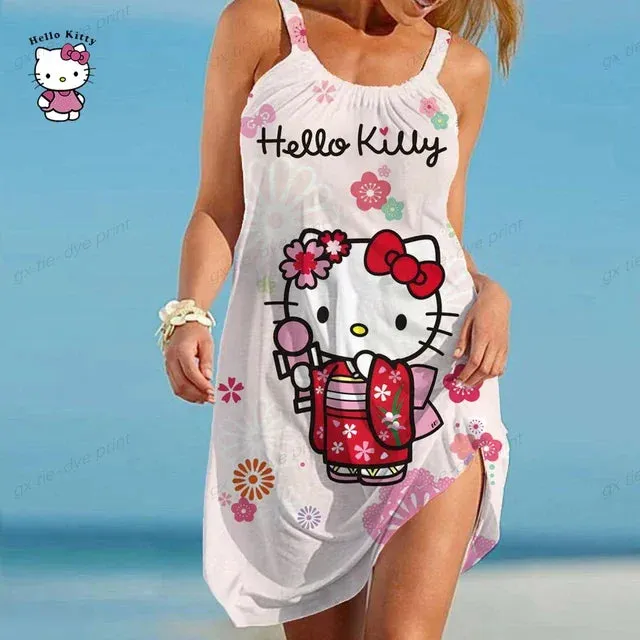 Women Slip Dress Summer O Neck Sleeveless Hello Kitty Printing Loose Party Vestidos S-5XL Oversized Elegant Women Dress Vestidos