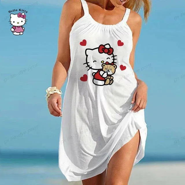Women Slip Dress Summer O Neck Sleeveless Hello Kitty Printing Loose Party Vestidos S-5XL Oversized Elegant Women Dress Vestidos