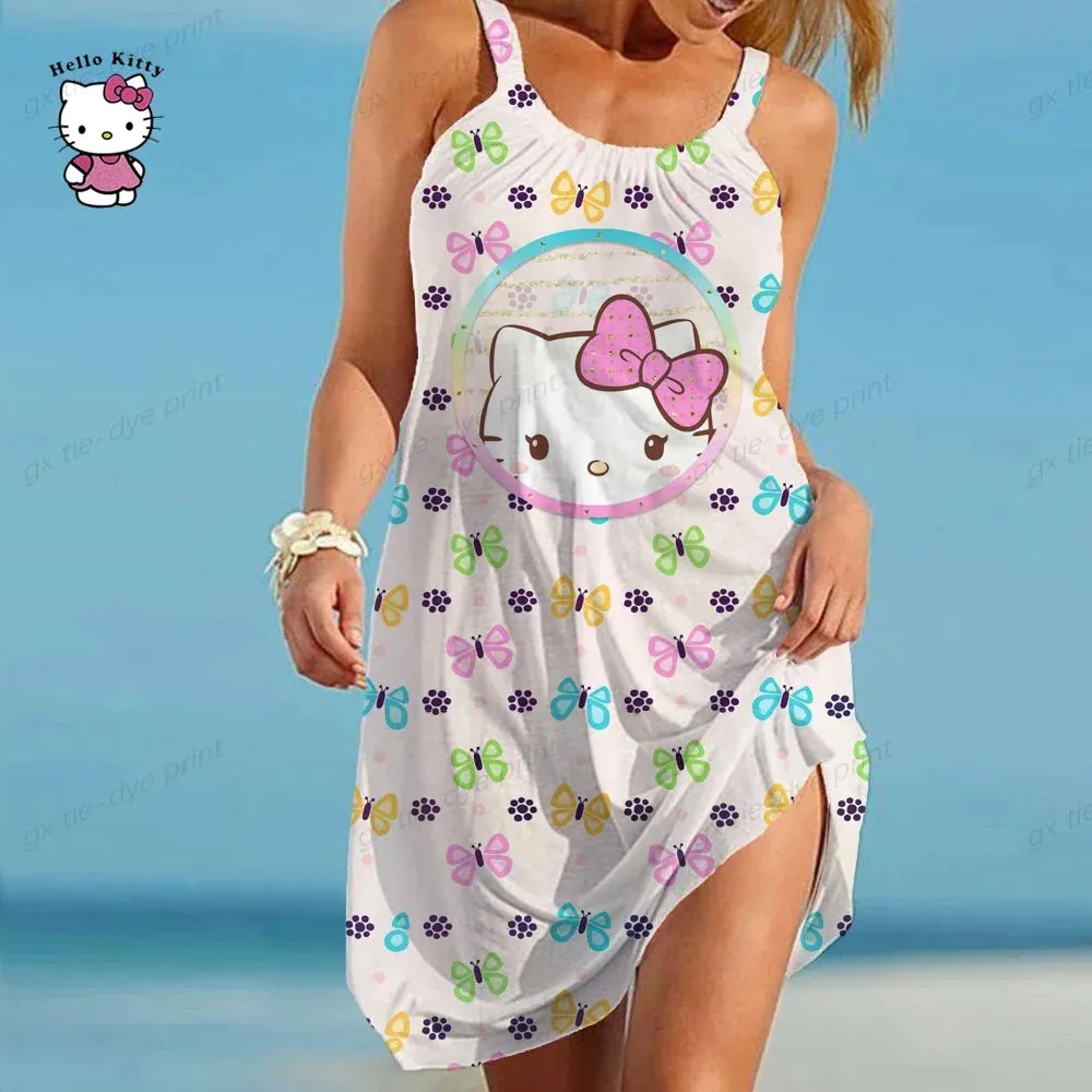 Women Slip Dress Summer O Neck Sleeveless Hello Kitty Printing Loose Party Vestidos S-5XL Oversized Elegant Women Dress Vestidos