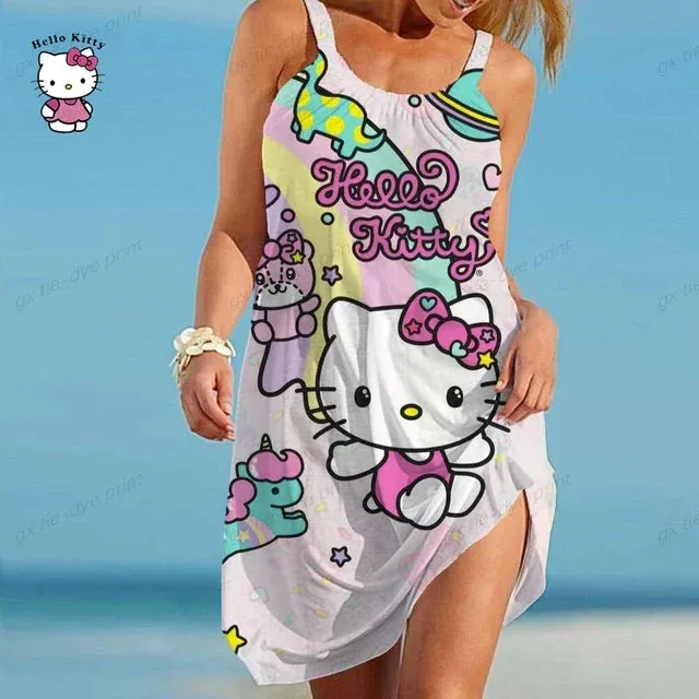 Women Slip Dress Summer O Neck Sleeveless Hello Kitty Printing Loose Party Vestidos S-5XL Oversized Elegant Women Dress Vestidos