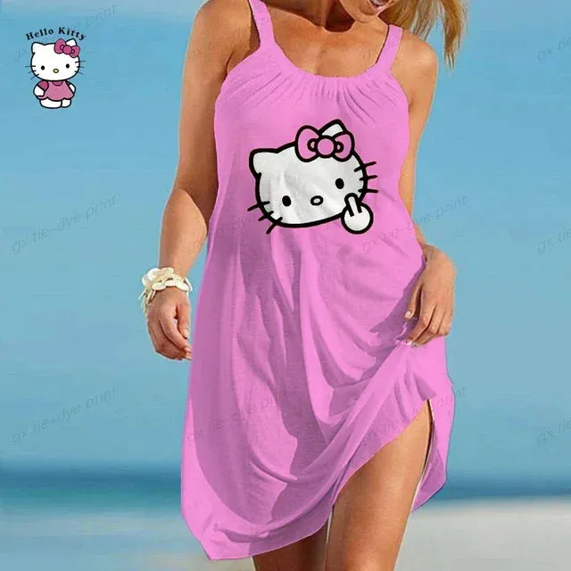 Women Slip Dress Summer O Neck Sleeveless Hello Kitty Printing Loose Party Vestidos S-5XL Oversized Elegant Women Dress Vestidos