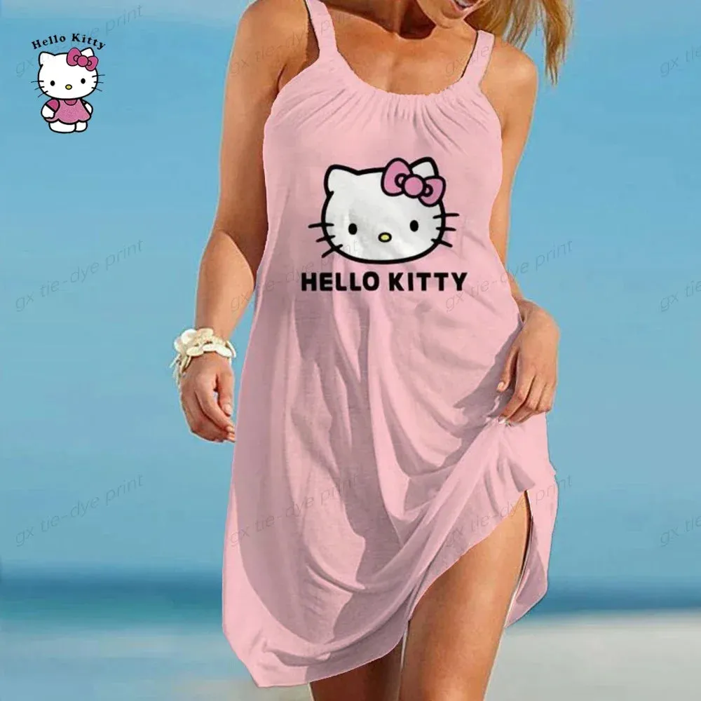 Women Slip Dress Summer O Neck Sleeveless Hello Kitty Printing Loose Party Vestidos S-5XL Oversized Elegant Women Dress Vestidos