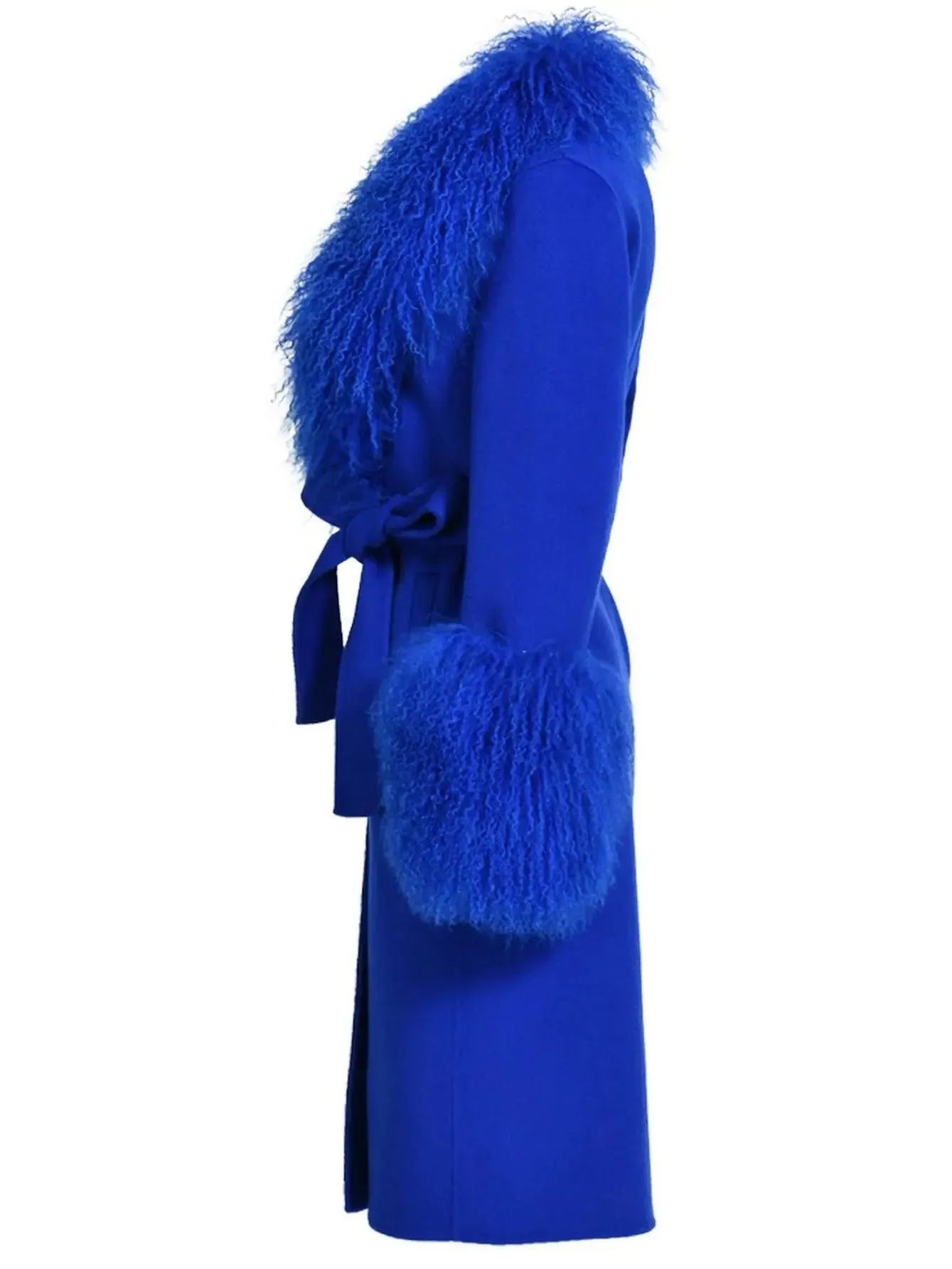 Women’s Belted Lambswool/Shearling Wool Cashmere Coat, Blue