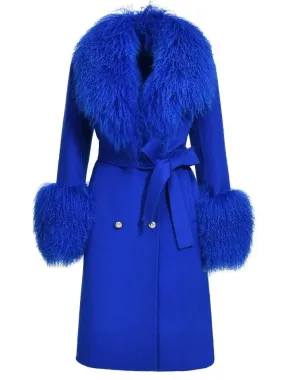 Women’s Belted Lambswool/Shearling Wool Cashmere Coat, Blue