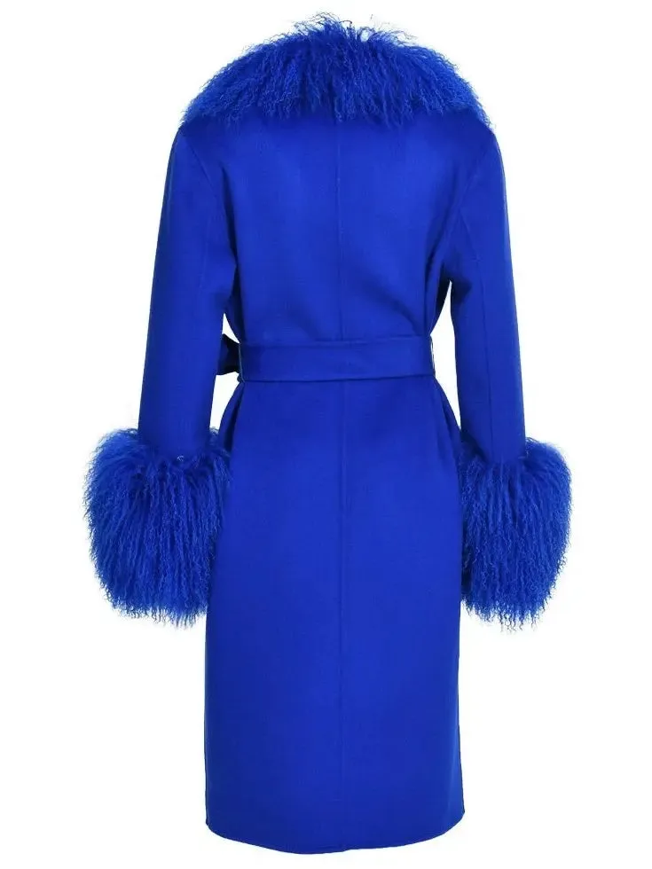 Women’s Belted Lambswool/Shearling Wool Cashmere Coat, Blue