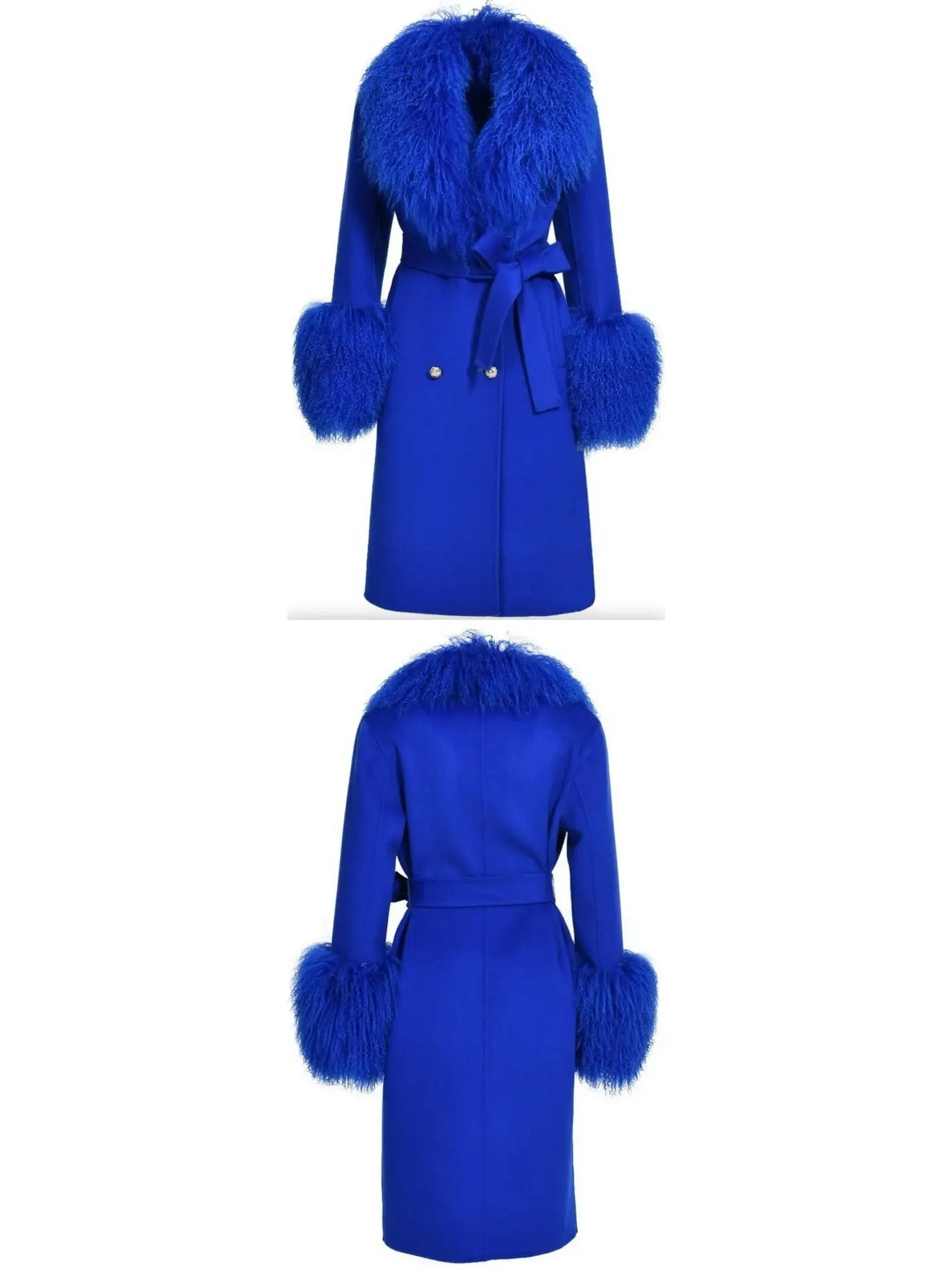 Women’s Belted Lambswool/Shearling Wool Cashmere Coat, Blue