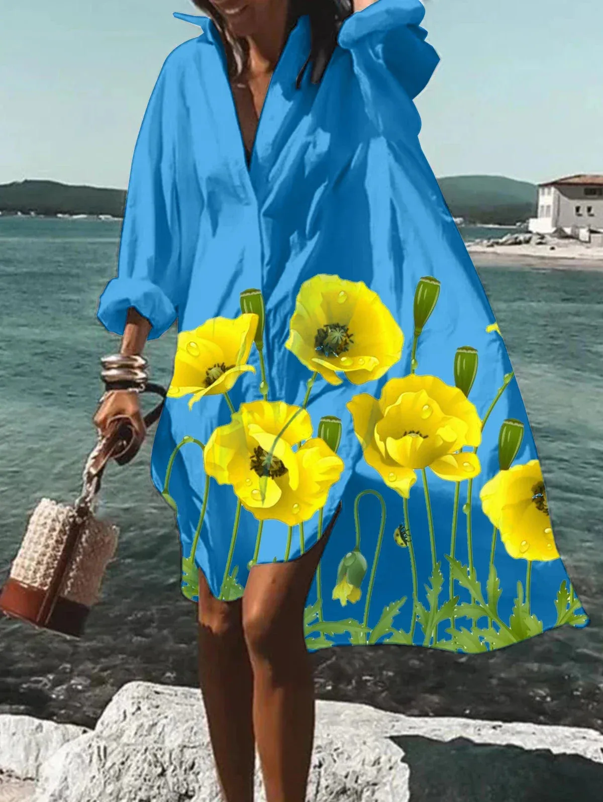 Women's Floral Printing Shirt Dress A-Line Asymmetric Hem Loose Vintage Boho Midi Dress Autumn Fashion Casual Lapel Collar Dress